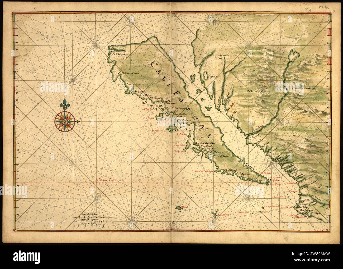 Karte von Kalifornien als Insel, um 1650. Diese Karte aus der Zeit um 1650 zeigt Kalifornien als Insel. Ein halbes Jahrhundert würde vergehen, bevor spanische Entdecker mit Sicherheit feststellten, dass Kalifornien mit dem Festland Nordamerikas verbunden war. Ortsnamen werden sorgfältig in Rot und Schwarz auf der Karte angegeben und umfassen zum Beispiel das Kap San Lucas (an der Spitze des heutigen Baja California), Mexiko und die Tres Maria-Inseln vor der Küste des mexikanischen Festlandes. Joan Vinckeboons (1617–70) war ein niederländischer Kartograph und Kupferstecher, der in eine Künstlerfamilie flämischer Herkunft geboren wurde. Er war in der Polizei Stockfoto