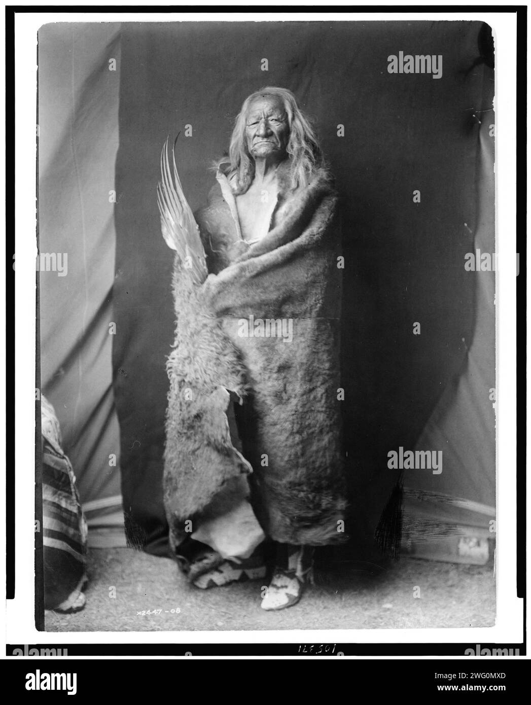 Black Eagle-Assiniboin, 1908. Black Eagle, Porträt in voller Länge, stehend, nach vorne gerichtet, mit Büffelfell, Halteflügel des Vogels. Stockfoto