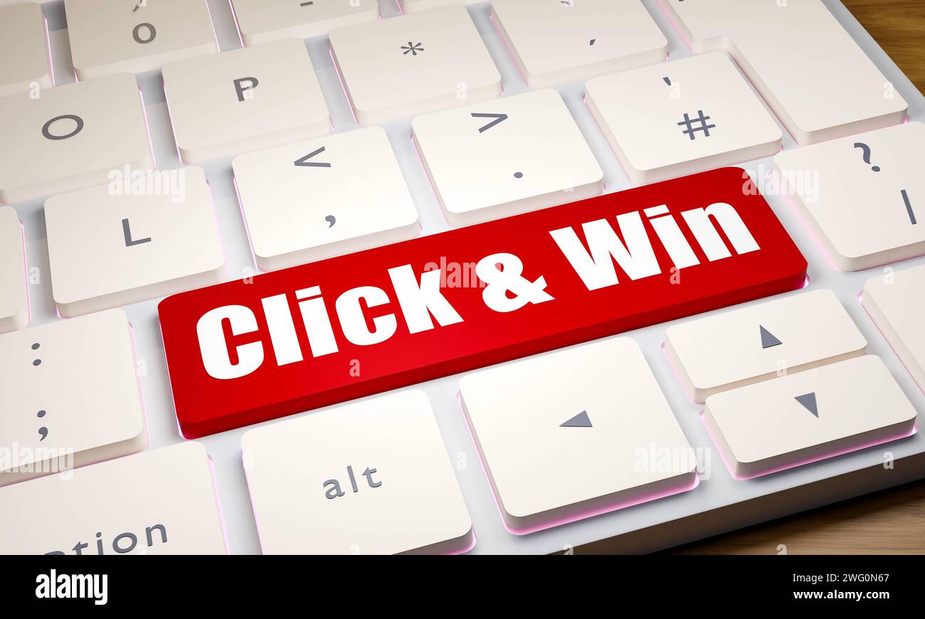 Klicken und gewinnen Klicken und gewinnen. Computertastatur, eine Taste ist rot mit dem Text Click and Win . Online-Spiele, soziale Medien, Bloggen, E-Commerce, Enterta Stockfoto