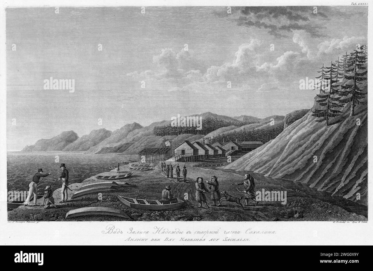 Blick auf die Nadezhda-Bucht im nördlichen Teil der Sachalin-Insel, 1813. 1803 wurde Kapitän I. F. Kruzenshtern der erste Russe, der den Erdball umrundete. Dieser atlas, der 1813 von der Russischen Akademie der Wissenschaften veröffentlicht wurde, enthält Karten von Kruzenshterns Route und 109 Schilder nach den Zeichnungen von V. G. Tilesius, einem Arzt, Naturforscher und offiziellen Künstler der Expedition. Es ist eine der größten Veröffentlichungen von Stichen aus dem Zarenrußland. Die dargestellten Themen umfassen Ansichten von Sachalin, Kamtschatka und den Kurilen, Darstellungen sibirischer Eingeborener und anderer Völker Stockfoto
