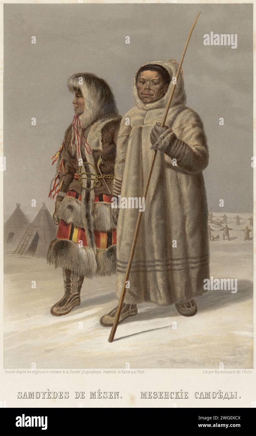 Mezen Samoyeds, 1862. Blatt 30 aus dem Album „Description ethnographique des peuples de la Russie“, Band 1. Beschreibung ethnographique des peuples de la Russie (ethnographische Beschreibung der Völker Russlands) ist ein zweibändiges Werk, das 1862 in Sankt Petersburg veröffentlicht wurde, um das Jahrtausend der Gründung des Russischen Reiches (traditionell bis zur Gründung des Staates Kiewer Rus im Jahr 862) zu markieren. Das Werk ist Zar Alexander II. Gewidmet Band 1 besteht aus 62 farbigen Illustrationen, die ethnische Gruppen aus dem gesamten Russischen Reich in ihrer traditionellen Kleidung darstellen. Dieses view-Objekt Stockfoto