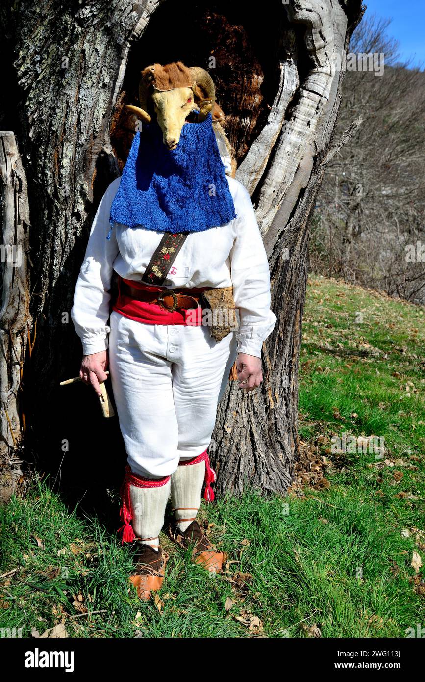 Traditionelle Maske von Velilla de la Reina bei einem Treffen von Vilariño de Conso, Ourense, Spanien Stockfoto