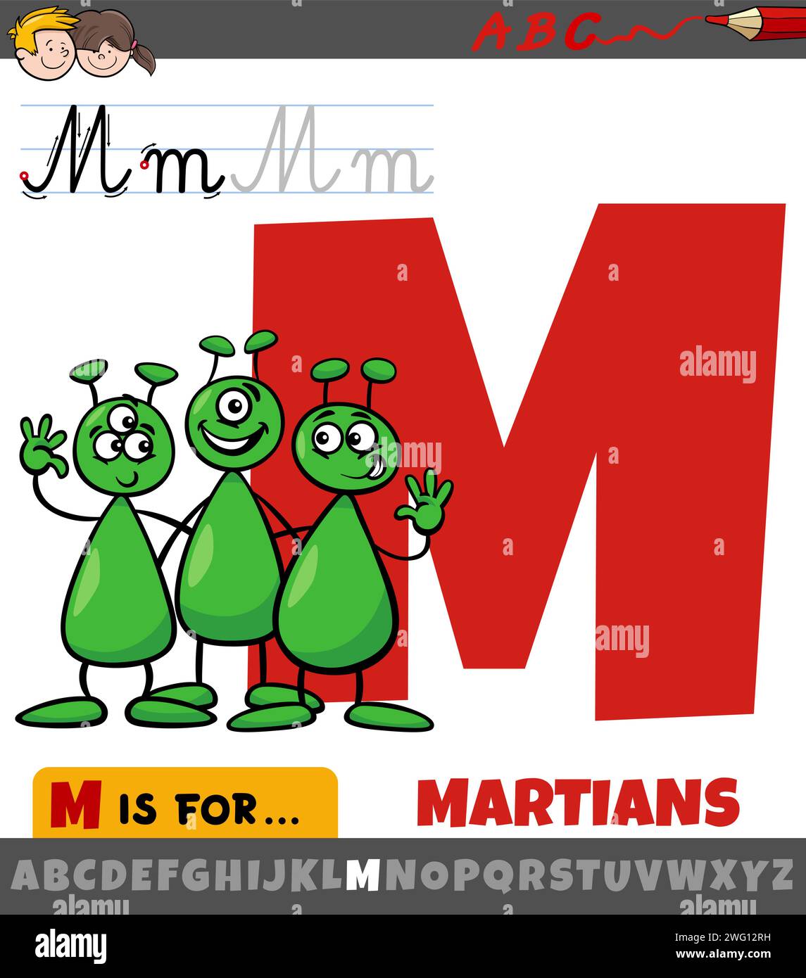 Pädagogische Zeichentrickillustration des Buchstabens M aus dem Alphabet mit marsfiguren Stock Vektor
