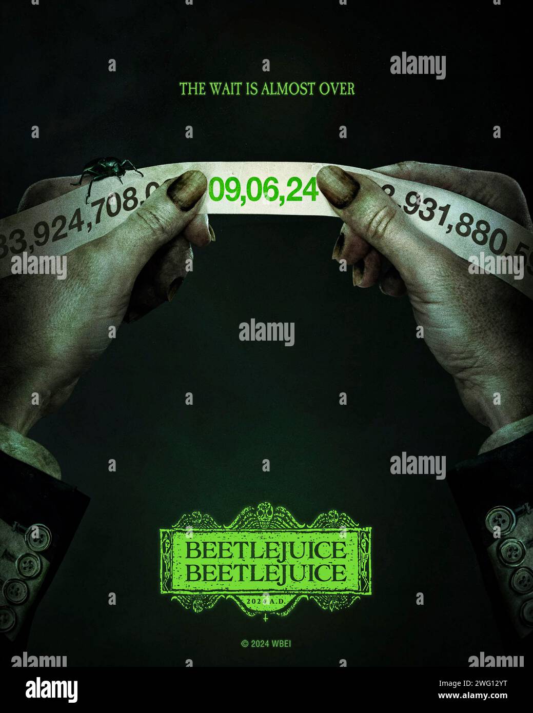 BeetleJuice BeetleJuice (2024) von Tim Burton mit Michael Keaton, Jenna Ortega, Willem Dafoe und Monica Bellucci. Michael Keaton kehrt zurück, um seine Rolle als der miskrete BeetleJuice in dieser lang erwarteten Fortsetzung des Originals von 1988 wiederzubeleben. Poster FÜR US-Teaser ***NUR FÜR REDAKTIONELLE ZWECKE***. Quelle: BFA / Warner Bros Stockfoto