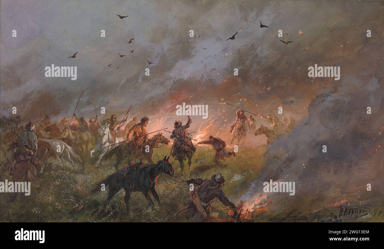 Pugatschews Rebellion in Sibirien Niederlage des Betrügers bei Troitsk, 21. Mai 1774, 19. Jahrhundert. Eines von 21 Aquarellen (von 27 Originalbildern) aus einem Album, das sich auf die Geschichte der sibirischen Kosaken bezieht, das von der Abteilung für seltene Bücher der Russischen Staatsbibliothek in Moskau gehalten wird. Das Album wurde als Geschenk für den zukünftigen Zaren Nikolaus II. (1868–1918, Regierungszeit 1895–1917), den meisten August Atamanen aller Kosaken Voiskos (Kommandeur aller Kosakentruppen, ein Titel von Nikolaus I.), geschaffen. und ihm im Sommer 1891 auf seiner Rückkehr nach Sankt Petersburg durch Sibirien von einer Reise nach t präsentiert Stockfoto