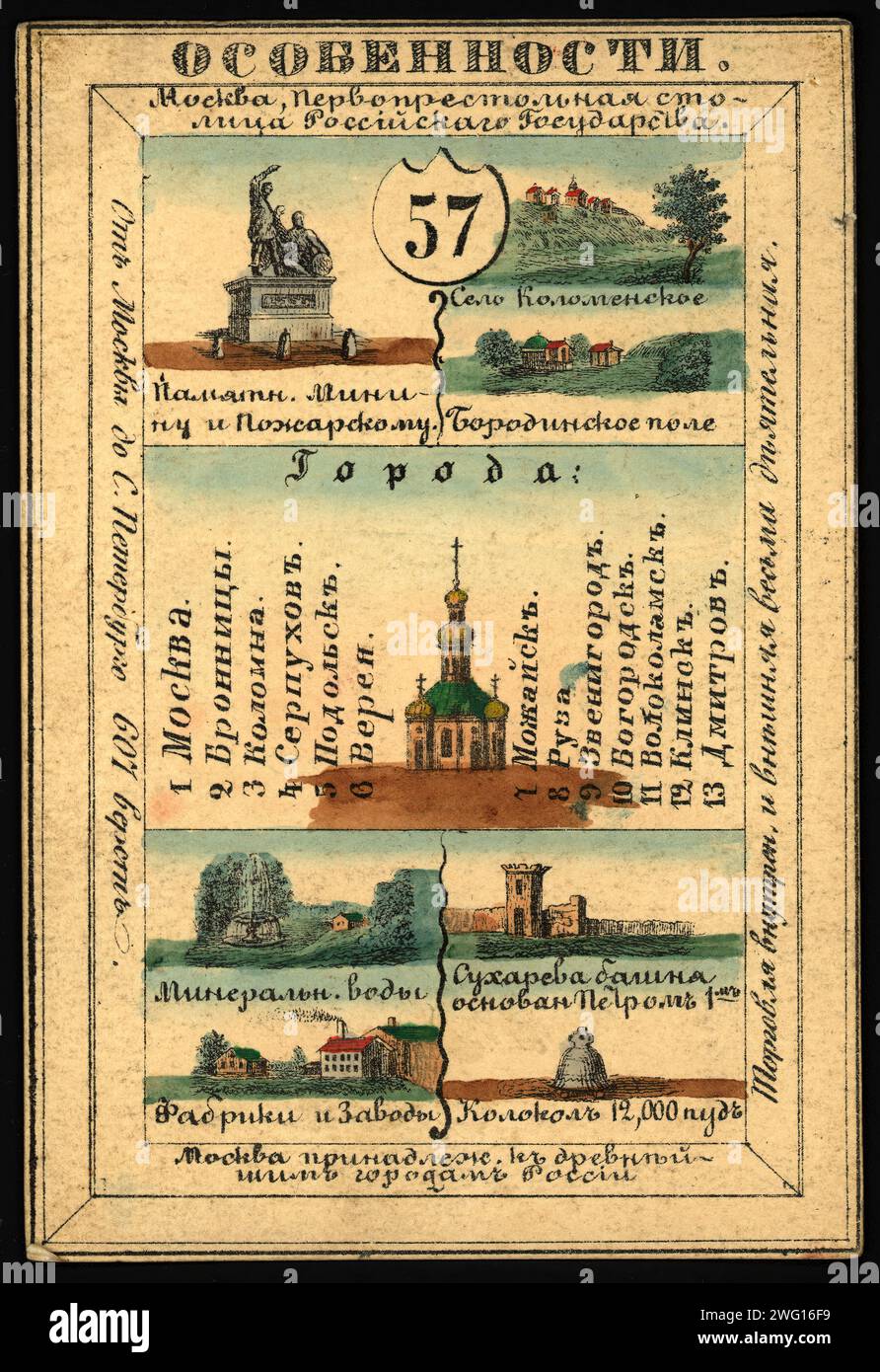 Provinz Moskau, 1856. Diese Karte ist eine von einem Souvenir-Set mit 82 illustrierten Karten, eine für jede Provinz des Russischen Reiches, wie sie 1856 existierte. Jede Karte gibt einen Überblick über die Kultur, Geschichte, Wirtschaft und Geografie einer bestimmten Provinz. Auf der Vorderseite der Karte sind charakteristische Merkmale wie Flüsse, Berge, Großstädte und wichtige Industriezweige dargestellt. Die Rückseite jeder Karte enthält eine Karte der Provinz, das Provinzsiegel, Informationen über die Bevölkerung und die lokale Tracht der Einwohner. Nationalbibliothek von Russland Stockfoto