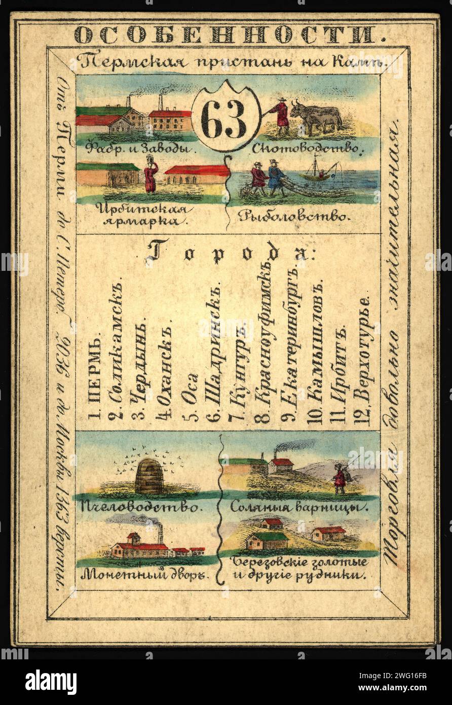 Provinz Perm, 1856. Diese Karte ist eine von einem Souvenir-Set mit 82 illustrierten Karten, eine für jede Provinz des Russischen Reiches, wie sie 1856 existierte. Jede Karte gibt einen Überblick über die Kultur, Geschichte, Wirtschaft und Geografie einer bestimmten Provinz. Auf der Vorderseite der Karte sind charakteristische Merkmale wie Flüsse, Berge, Großstädte und wichtige Industriezweige dargestellt. Die Rückseite jeder Karte enthält eine Karte der Provinz, das Provinzsiegel, Informationen über die Bevölkerung und die lokale Tracht der Einwohner. Nationalbibliothek von Russland Stockfoto