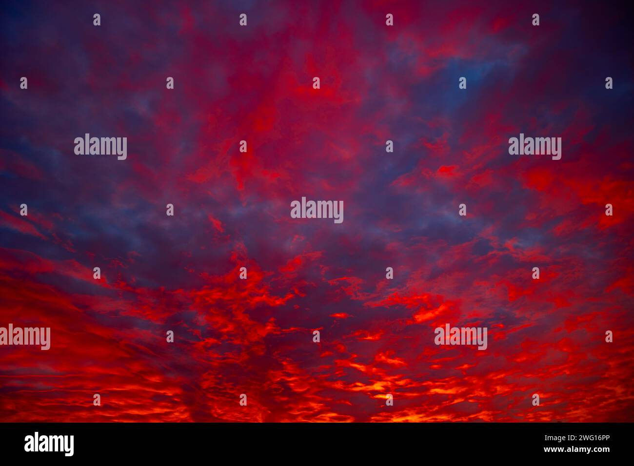 Dramatischer Himmel mit roten und orangen Wolken. Blick auf den Himmel bei Sonnenaufgang oder Sonnenuntergang. Stockfoto