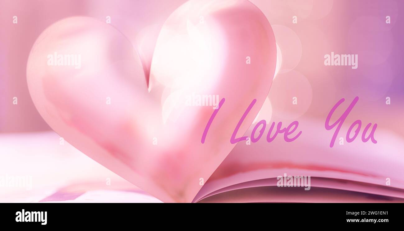 Paare lieben Valenstines Day Design. Perfekte Herzform Buchseiten romantisch. Farben im Vintage-Stil, Zitate von Lichtern, Reflektionen. Wunderschöner Februar Stockfoto