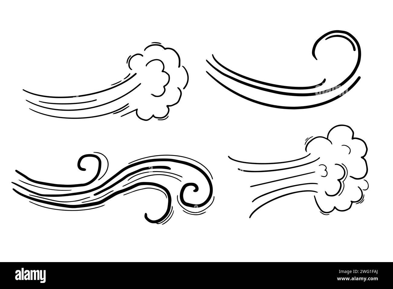 Windbewegung Doodle Line Swirl Hand gezeichneter Dampf Wetterstoß isoliert auf weißem Hintergrund. Element für die Atmosphäre. Vektorabbildung Stock Vektor