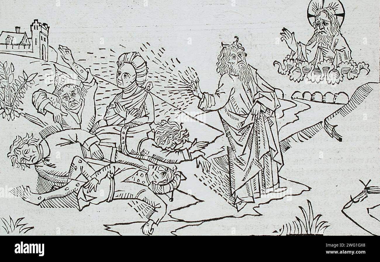 Gott schickt die Fliegen nach Ägypten (recto); Gott sendet Boils nach Ägypten (verso), veröffentlicht 1483. Aus Der Neunten Deutschen Bibel (Kölner Bibel) (Anton Koberger: Nürnberg: 1483). Stockfoto