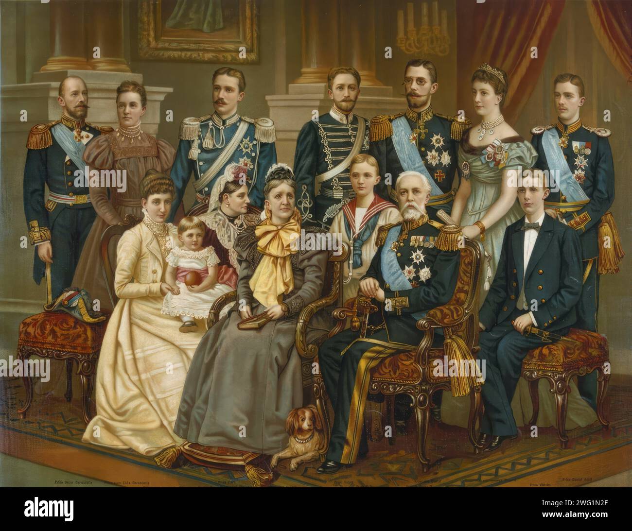 Oscar II. Und seine Familie, 1900. Von links: Prinz Oscar Bernadotte, Prinzessin Ebba Bernadotte, Prinz Carl, Prinz Eugen, Prinz Erik, Kronprinz Gustaf (V), Kronprinzessin Victoria, Prinz Gustaf (VI) Adolf. Von links sitzend: Prinzessin Ingeborg, Prinzessin Margaretha im Schoß seiner Mutter, Prinzessin Teresia, Königin Sofia, König Oscar II., Prinz Wilhelm. Stockfoto