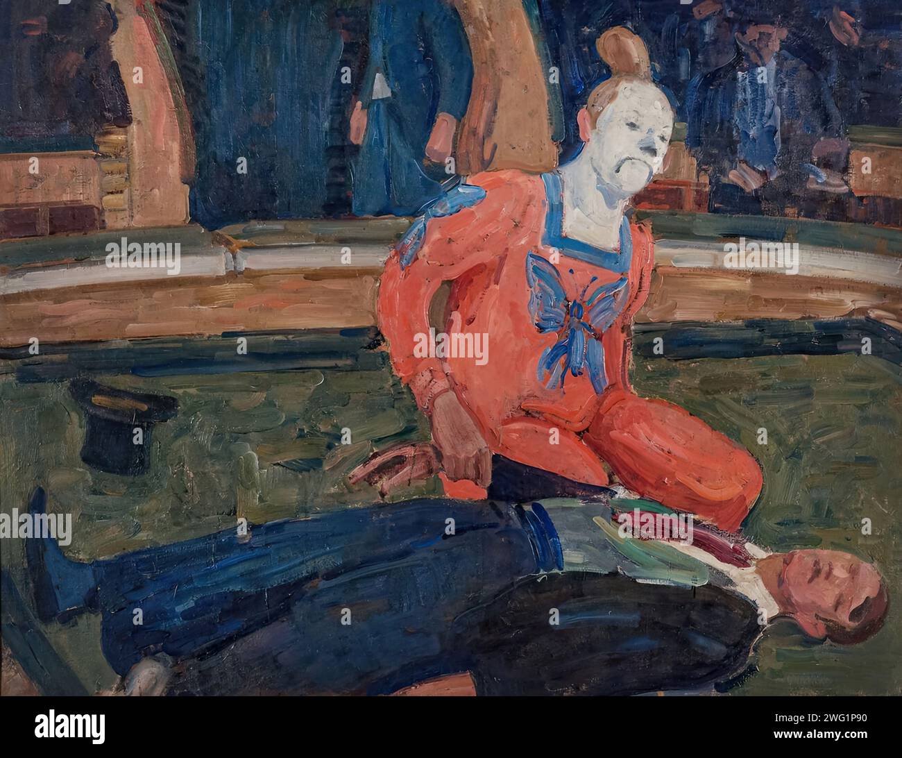 Er ist tot, 1910. Ein Clown in rotem Kostüm und weißem Gesicht sitzt auf den Knien in der Arena. Vor ihm liegt ein toter Mann, vielleicht der Zirkusdirektor, als der schwarze Hut des toten Mannes neben ihm liegt. Der Clown nimmt den Puls des Toten. Im Hintergrund verlässt das Publikum die Vorstellung. Stockfoto