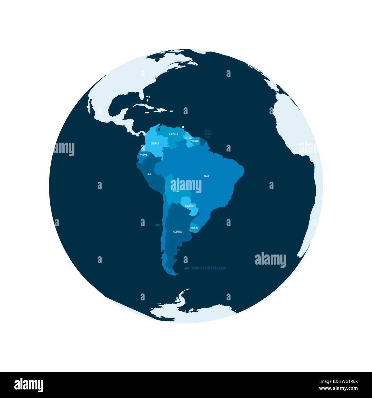 Politische Karte Südamerikas. Blaues Land mit Ländernamen auf weißem Hintergrund. Ortographische Projektion. Vektorabbildung Stock Vektor
