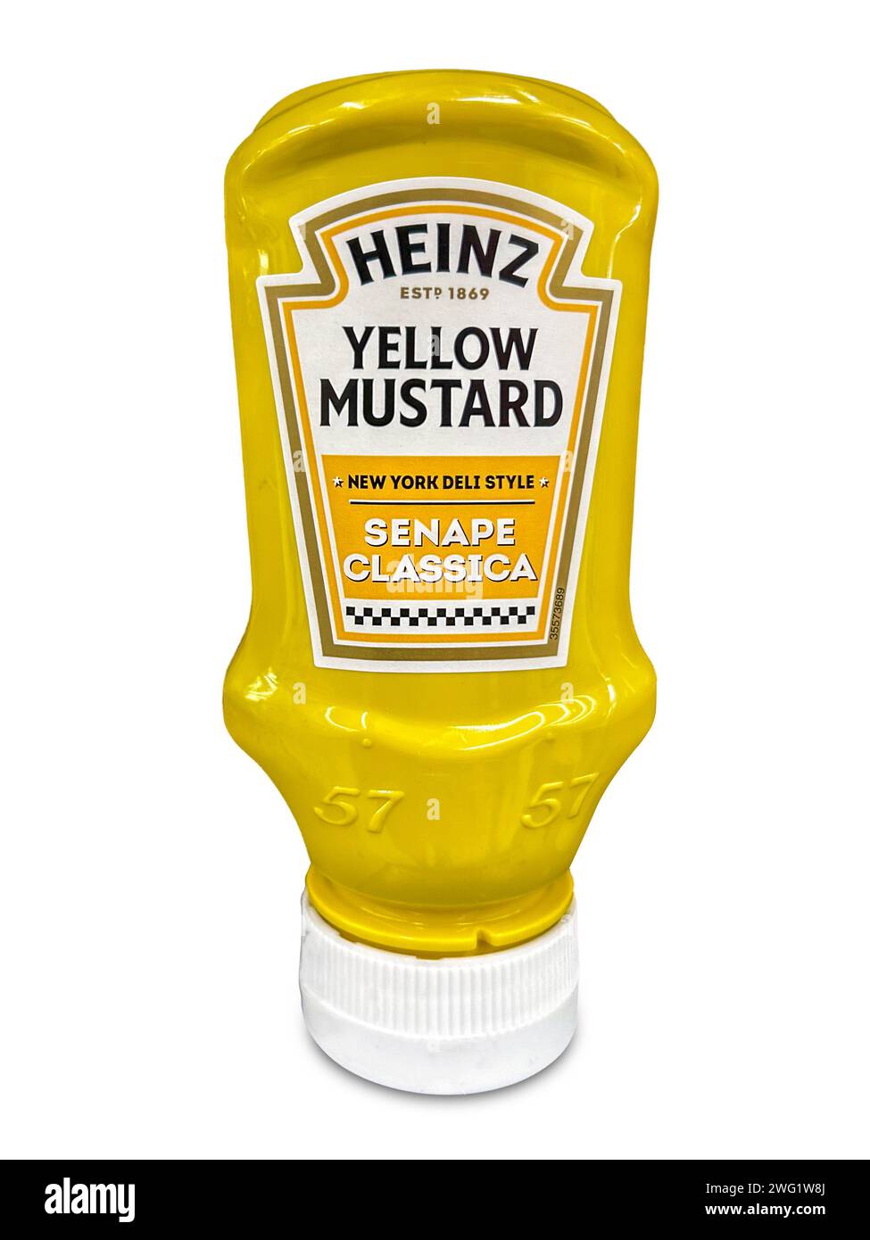 Italia - 30. Januar 2024: Heinz gelbe Senfsoße in Plastikquetschflasche isoliert auf Withe mit Beschneidungspfad inklusive. Klassischer Amerikanischer Musta Stockfoto