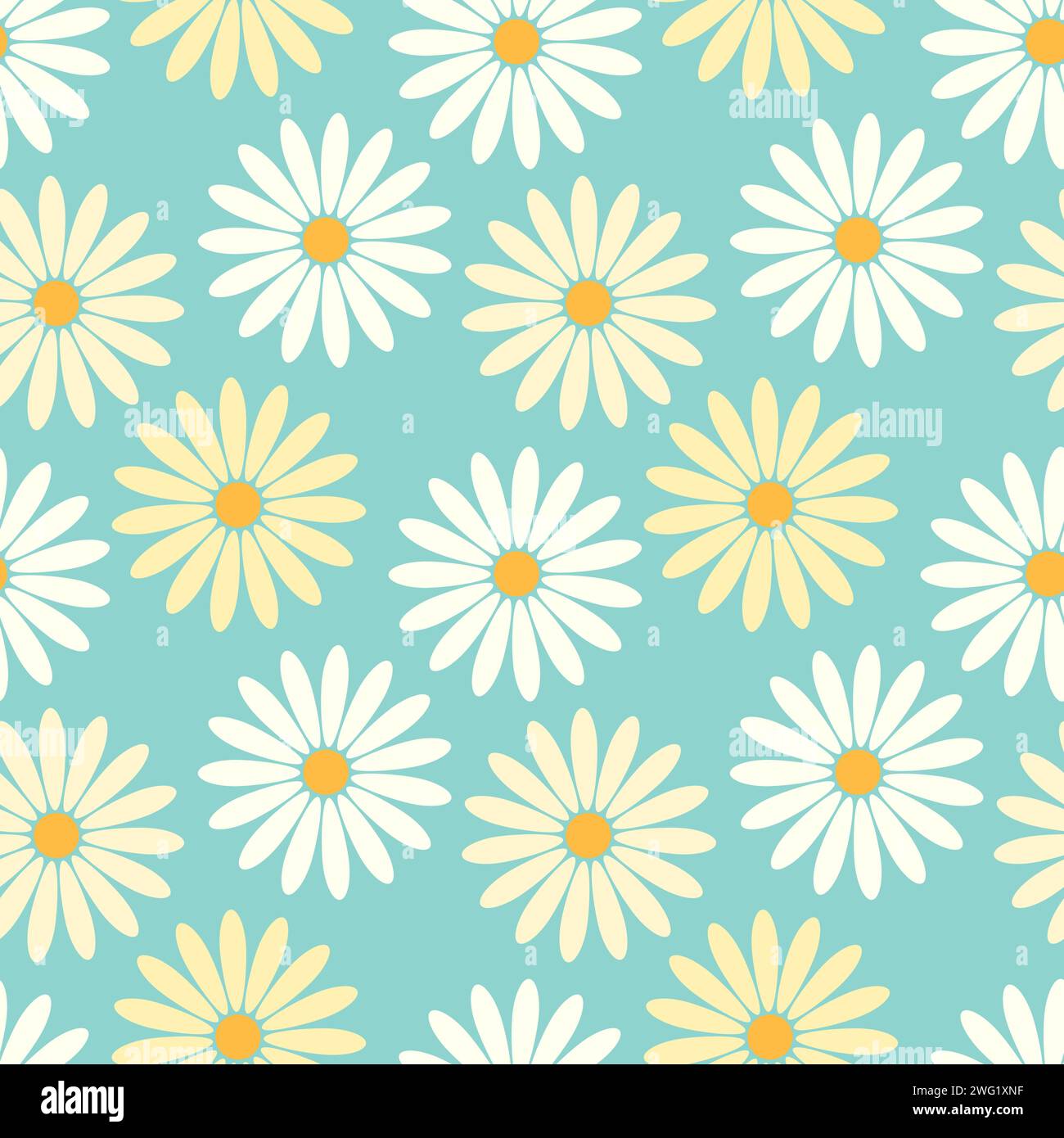 Dieses Bild zeigt ein sich wiederholendes Muster mit stilisierten gelben und weißen Gänseblümchen vor einem weichen türkisfarbenen Hintergrund, perfekt für Textilien oder Wallpa Stock Vektor