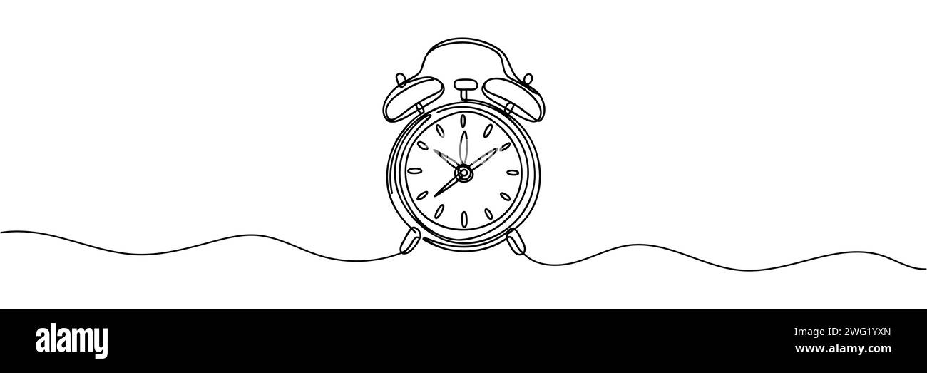 Einzelne durchgehende Zeilenzeichnung eines Weckers. Stock Vektor