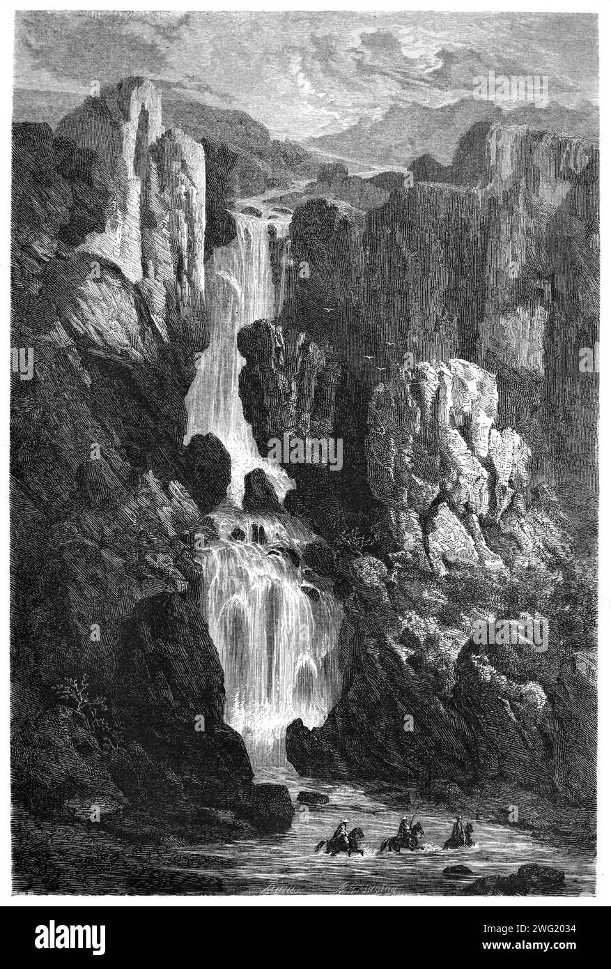Wasserfall oder Kaskade in der Ocobamba-Schlucht oder dem Canyon in der Vilcabamba-Gebirgskette in den Anden, Cusco-Region, Peru. Vintage oder historische Gravur oder Illustration 1863 Stockfoto