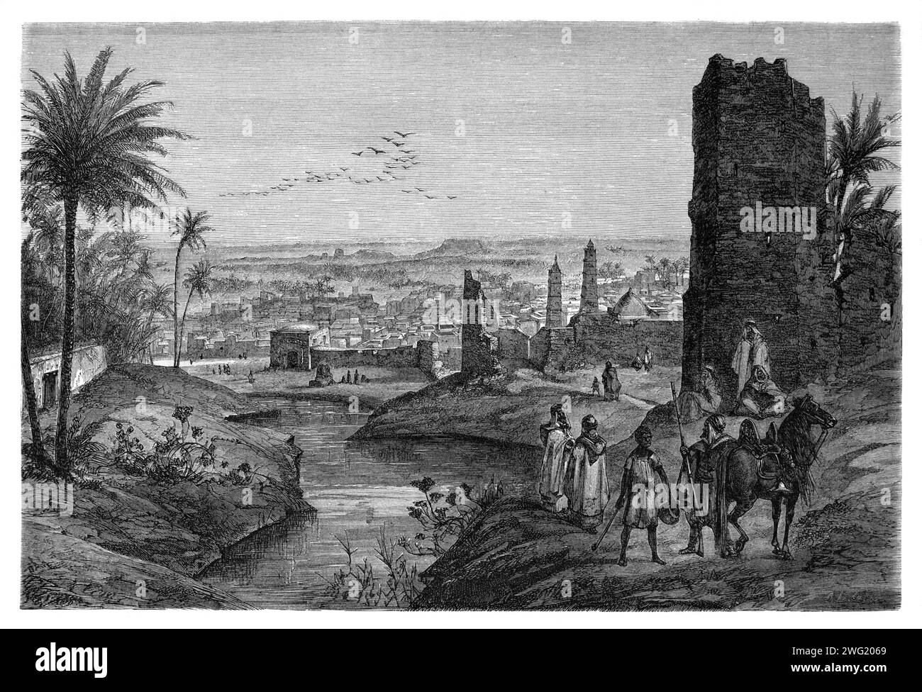 Panorama- oder Panoramablick auf Ouargla in der Sahara Algerien. Vintage oder historische Gravur oder Illustration 1863 Stockfoto