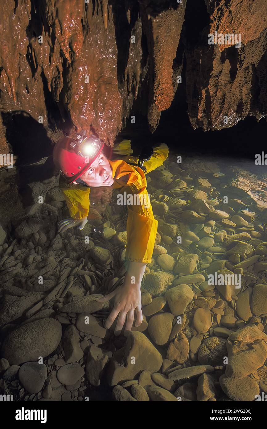 Eine weibliche Höhlenforscherin, die ein niedriges Kriechverhalten im Wasser unter Kalzithöhlenformationen überwindet. Actun Tinichil Muknal Höhle, Maya Mountains, Cayo District, Belize. Stockfoto