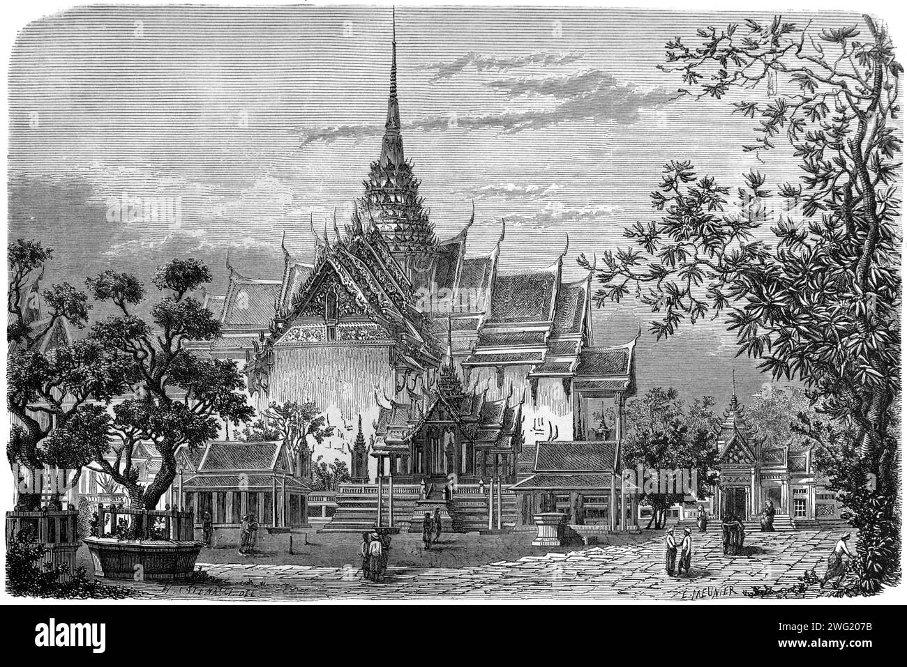 Phra Maha Prasat Gruppe von königlichen Gebäuden auf dem Gelände des Großen Palastes oder Königspalast und Gärten Bangkok Thailand. Vintage oder historische Gravur oder Illustration 1863 Stockfoto