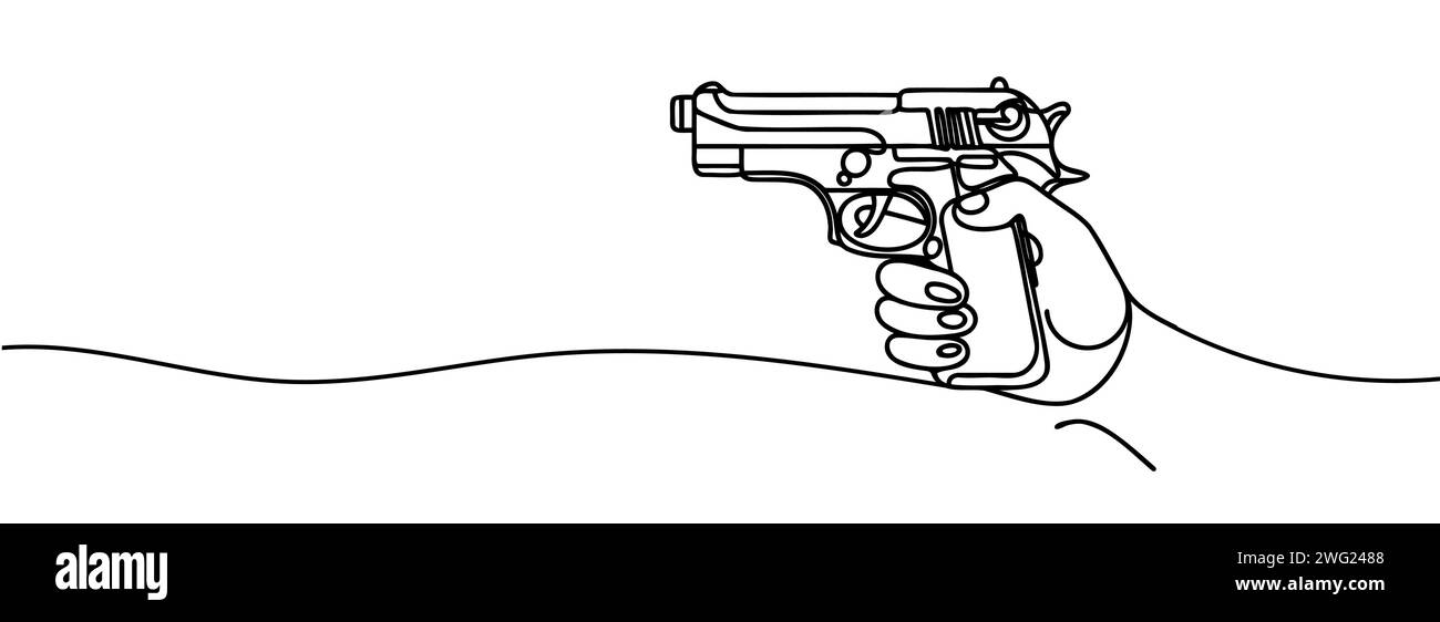 Kontinuierliche Linienzeichnung einer Handpistole. Eine Hand, die die Waffe hält. Stock Vektor