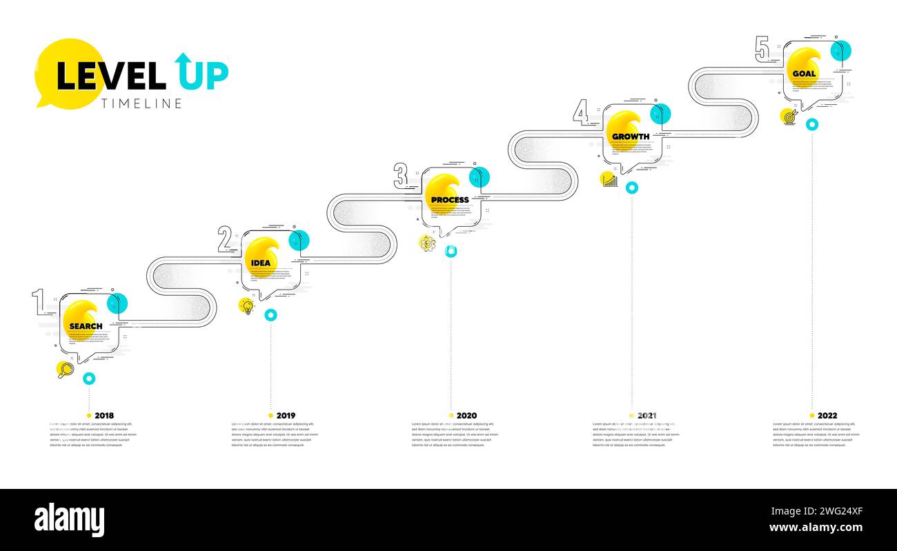 Zeitachse nach oben ausrichten. Roadmap Journey 5 Schritte. Symbole für Ideen, Wachstumsdiagramme und Zielziele. Zitiere Sprechblasen. Vektor Stock Vektor