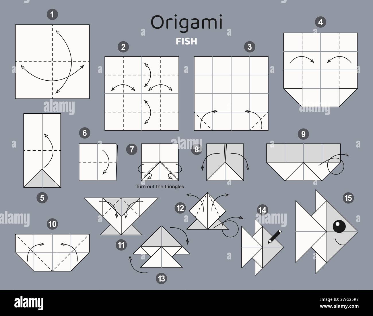 Origami Tutorial für Kinder. Origami niedlichen Fisch. Stock Vektor