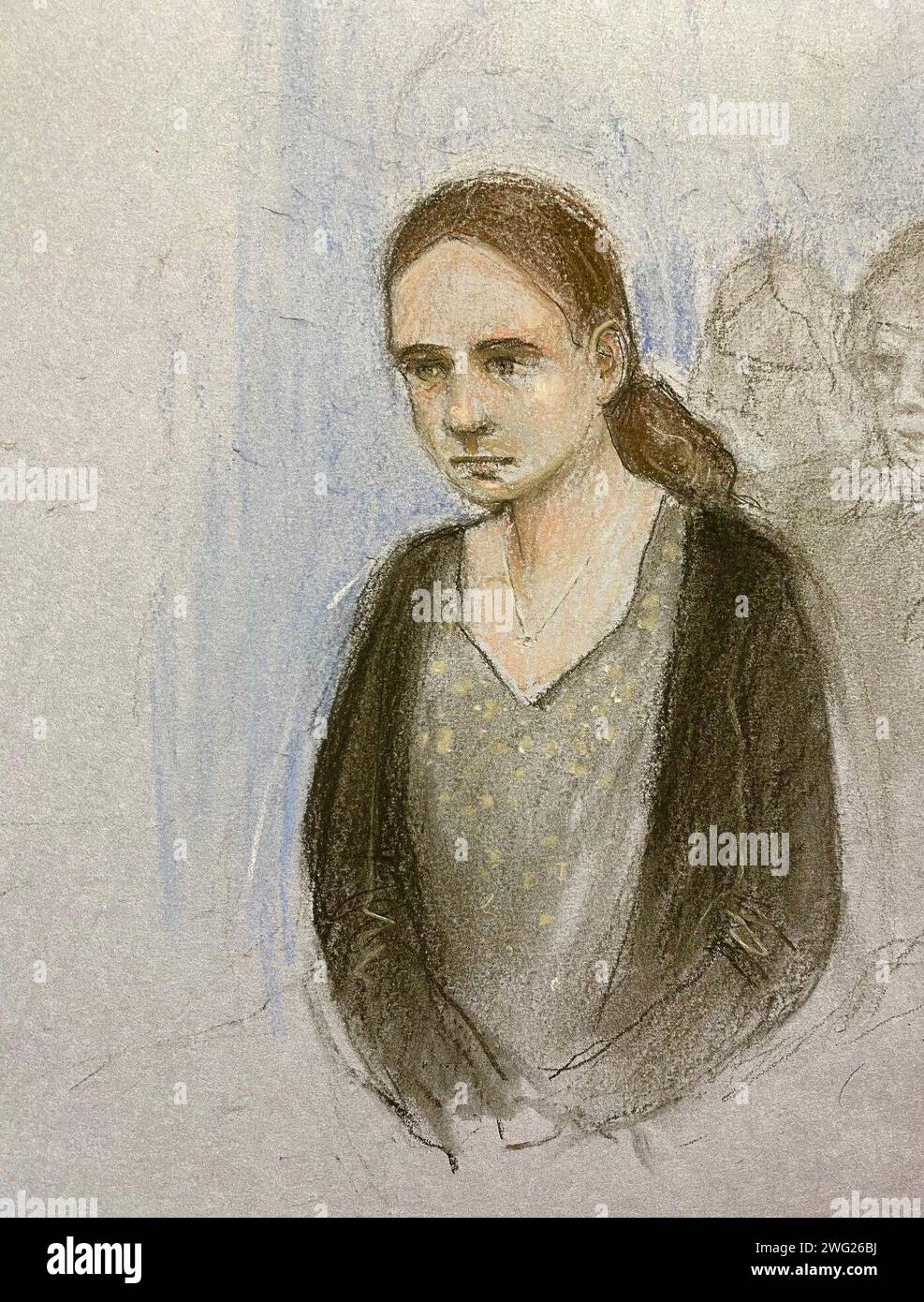 Der Entwurf der Hofkünstlerin von Elizabeth Cook von Scarlett Jenkinson 16 erscheint am Manchester Crown Court, um wegen Mordes an Brianna Ghey in einem Park in Culcheth, nahe Warrington, verurteilt zu werden. Bilddatum: Freitag, 2. Februar 2024. Stockfoto