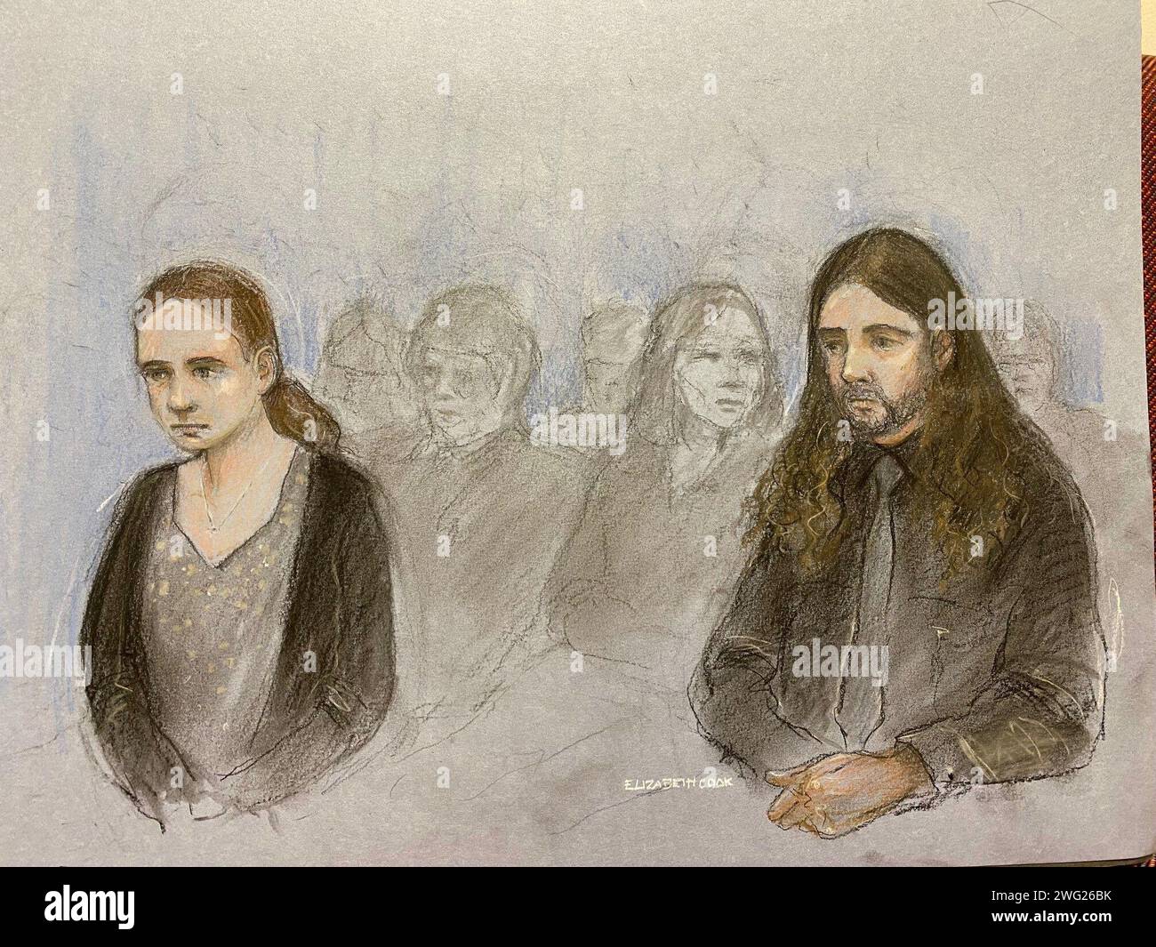 Der Entwurf von Elizabeth Cook von Scarlett Jenkinson und Eddie Ratcliffe, beide 16, erscheinen am Manchester Crown Court, um wegen Mordes an Brianna Ghey in einem Park in Culcheth, nahe Warrington, verurteilt zu werden. Bilddatum: Freitag, 2. Februar 2024. Stockfoto