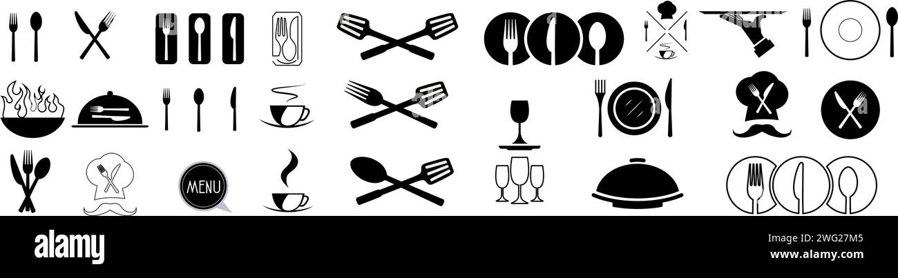 Set Gabel, Messer, Löffel. Logo-Menü. Symbole für Lebensmittel eingestellt. Schwarzes Outline-Logo für mobile Apps für Website- oder Website-Design. Vektorabbildung Stock Vektor