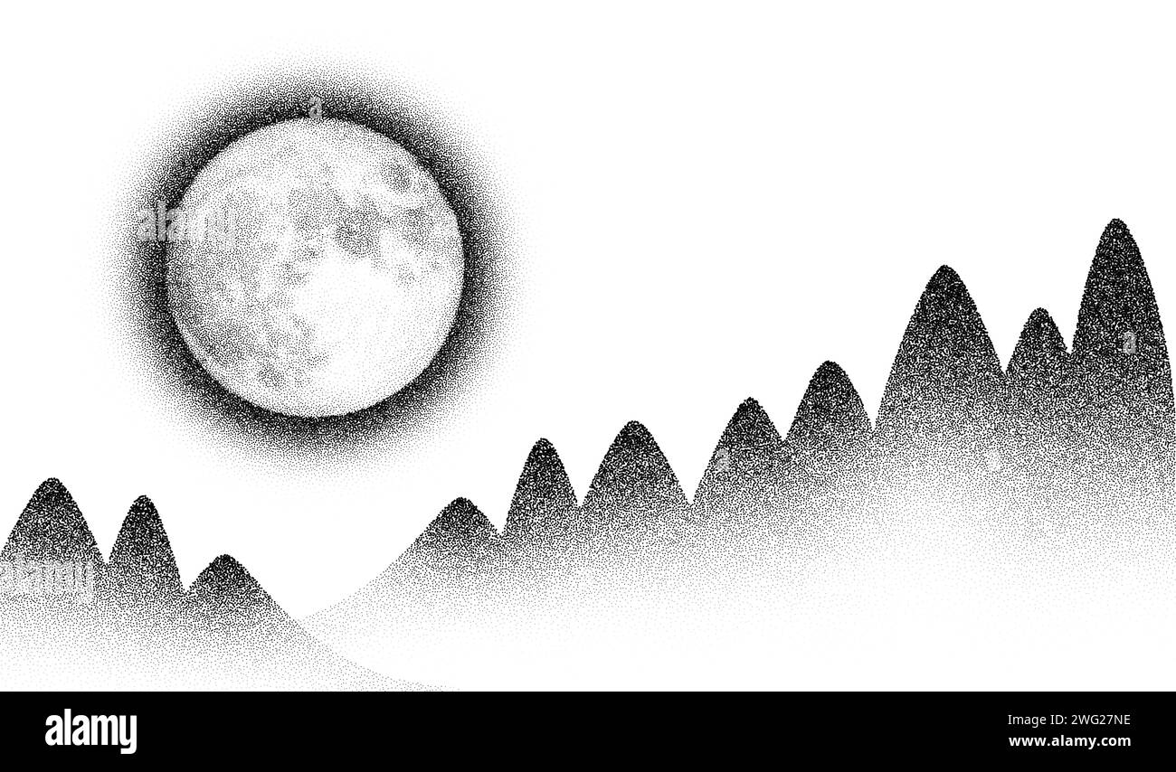 Dotwork Moon Night Hintergrund. Schwarzer Lärm stippelt Bergbäume Punkte. Gepunkteter Vektor Stock Vektor