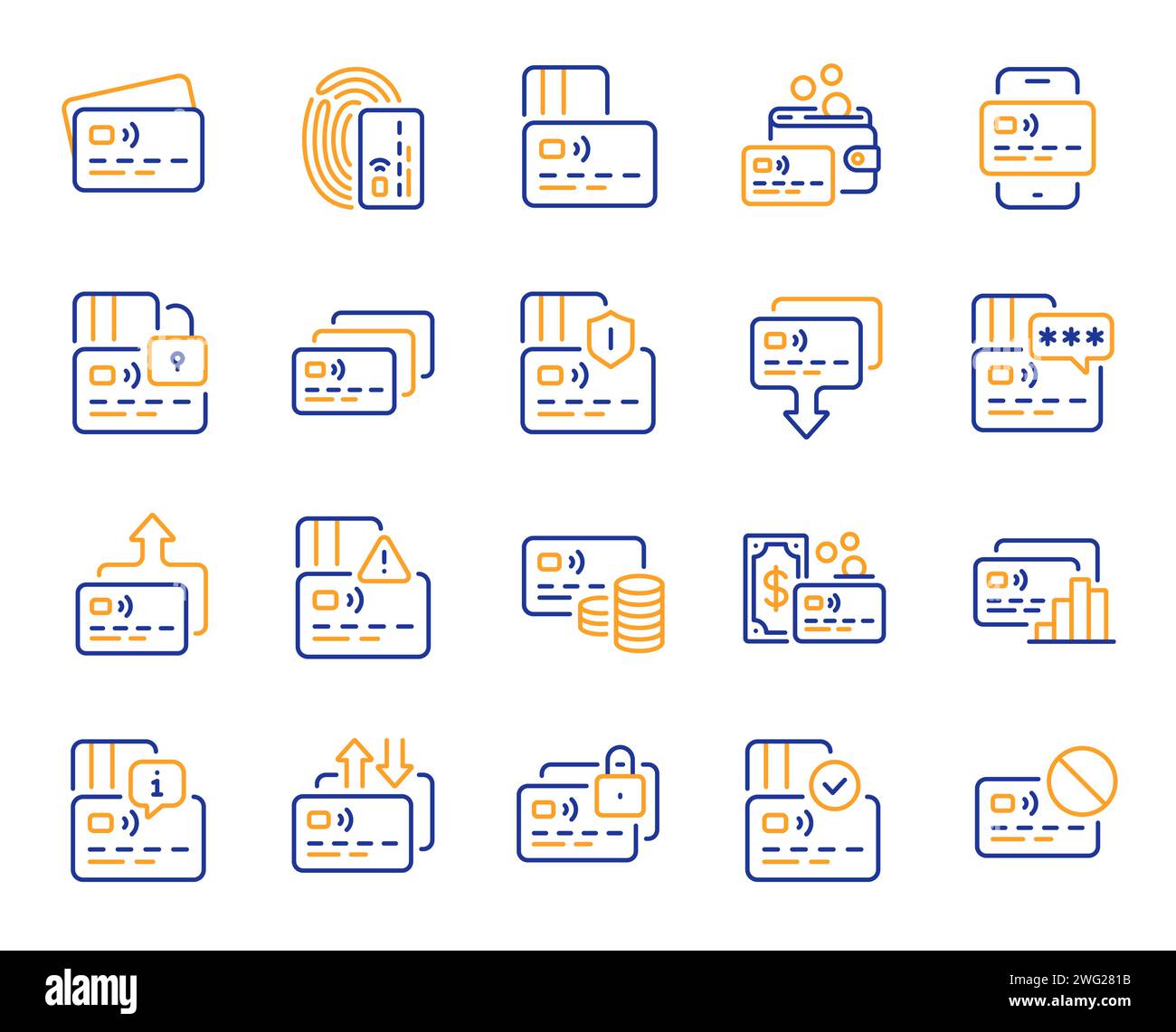 Symbole für Kreditkartenzeilen. Symbole für bargeldlose Zahlungen, Auszahlungen und Bargeld für Guthaben. Geldtransfer, genehmigte Kreditkarte. Vektor Stock Vektor