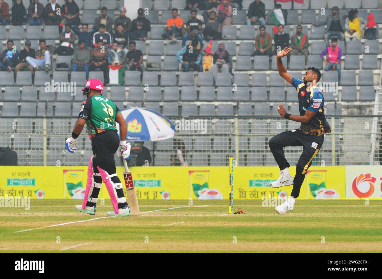 Sylhet, Bangladesch. Februar 2024. Bangladesch paceman SHORIFUL ISLAM in Aktion für Durdanto Dhaka gegen Sylhet Strikers in der Bangladesch Premier League im Sylhet International Stadium. Stockfoto