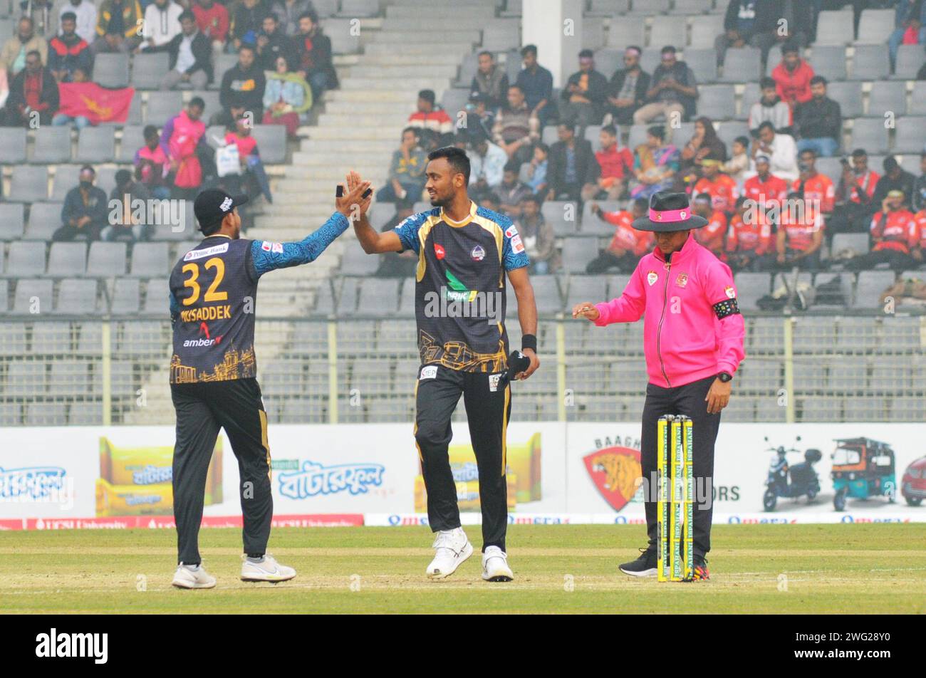 Sylhet, Bangladesch. Februar 2024. Bangladesch paceman SHORIFUL ISLAM in Aktion für Durdanto Dhaka gegen Sylhet Strikers in der Bangladesch Premier League im Sylhet International Stadium. Stockfoto