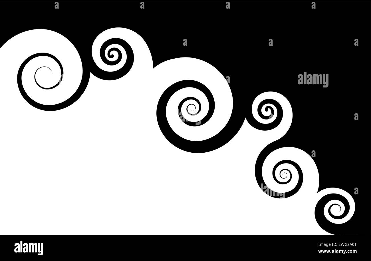 Spiralen und Wirbel Rahmenvorlage, abstrakte geometrische lockige runde Wellen Muster Hintergrund. Vektorbanner mit gewelltem Rand und Kopierraum Stock Vektor