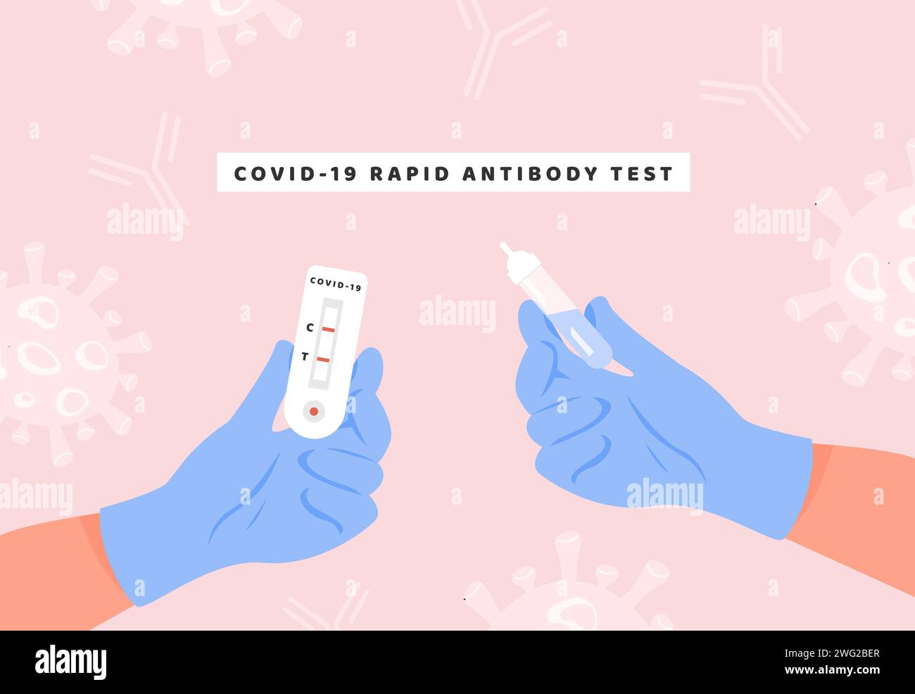 Arzt in Latexhandschuhen, der COVID-19-Antikörperschnelltest und -Teströhrchen hält. Eine Krankenschwester Hände mit Coronavirus Express Antidody positiven Bluttest Re Stock Vektor