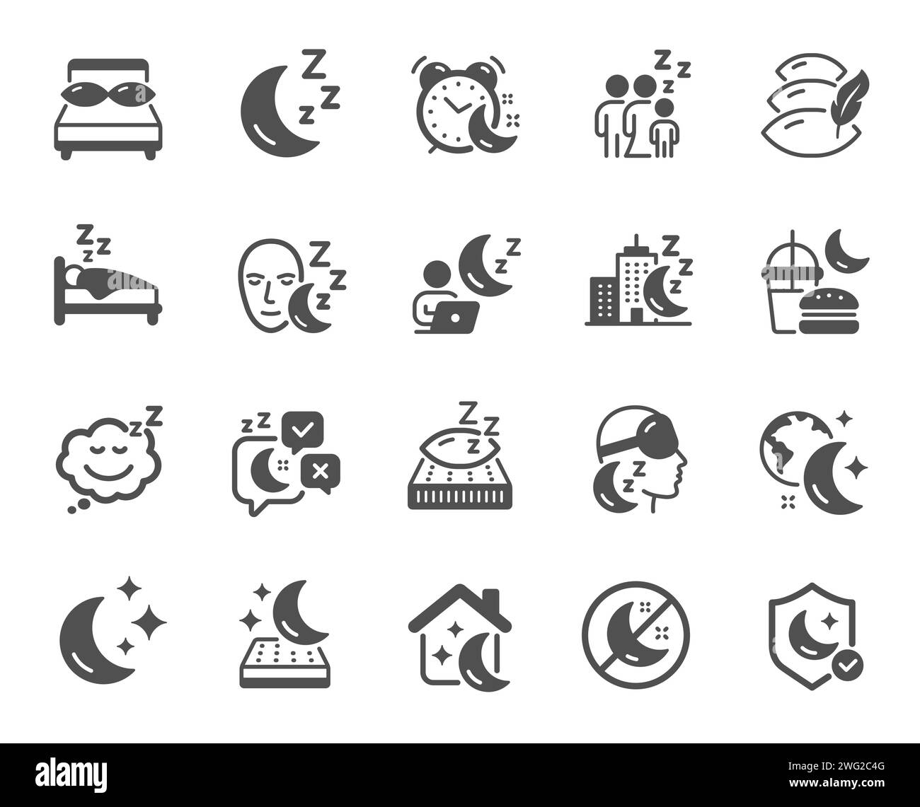 Energiesparsymbole. Schlafkissen, Nachtbett und Schlaflosigkeit Ikonen. Vektor Stock Vektor