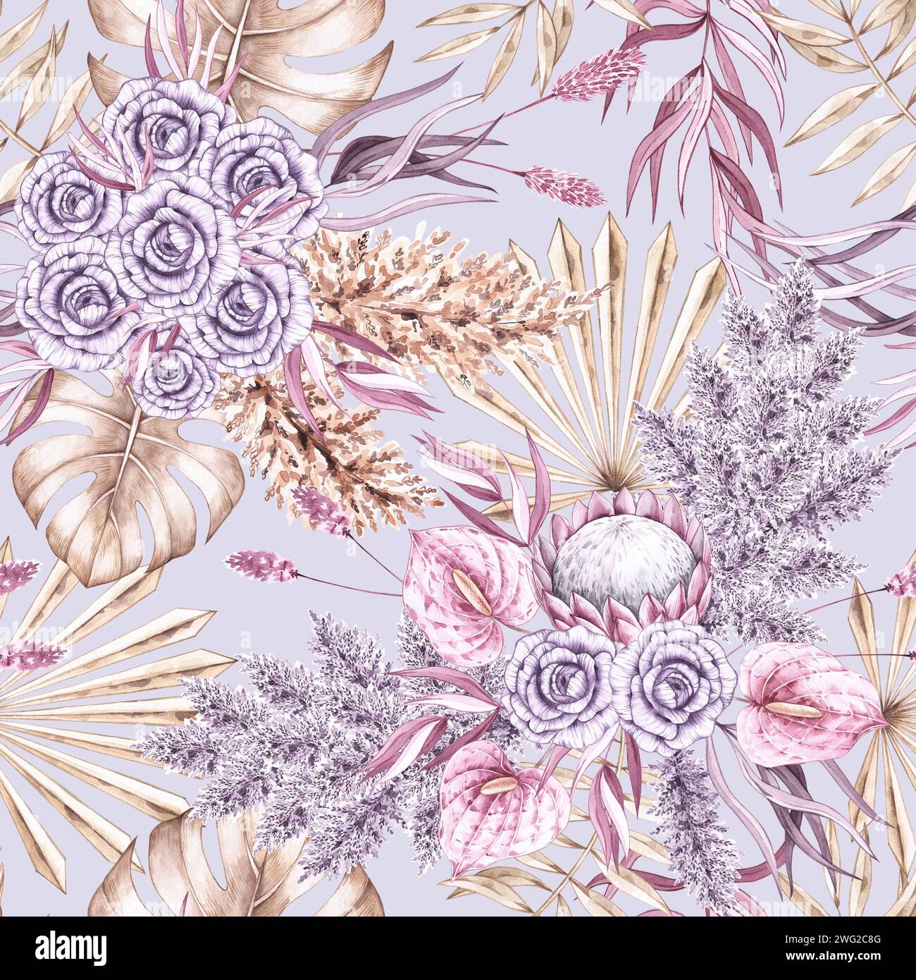 Tropisches Aquarellmuster mit trockenen Palmenblättern und Blumen in Pastelltönen im Boho-Stil. Böhmisches Muster mit tropischen Pflanzen für die Gestaltung von f Stockfoto