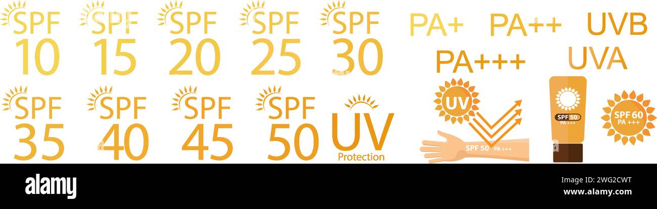 Satz einfacher flacher LSF-Sonnenschutzsymbole für die Verpackung von Sonnenschutzmitteln. UV-Schutz für die Haut. Stock Vektor