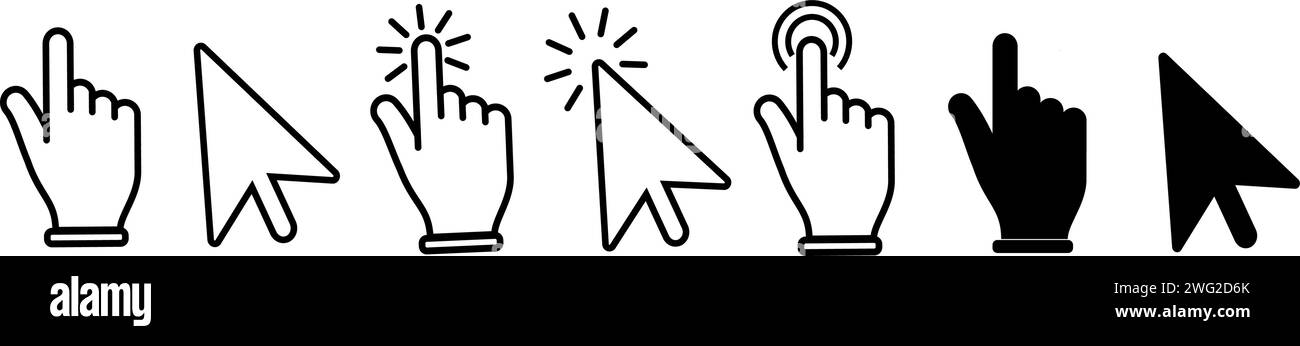 Computer-Mausklick Cursor graue Pfeilsymbole setzen und laden Symbole. Cursor-Symbol. Stock Vektor