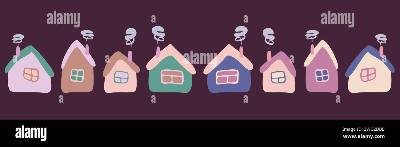 Sammlung niedlicher Cartoon-Häuser im skurrilen kindlichen Stil. Vector Flat Set von bunten isolierten Gebäuden. Designelemente für Karte, Logo, Banner Stock Vektor