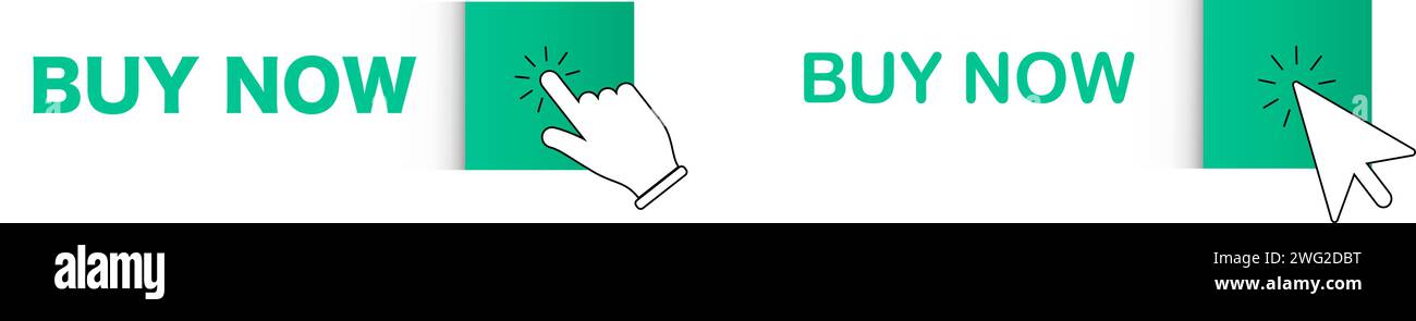Schaltfläche „jetzt kaufen“ mit Hand-Cursor. Klicken Sie mit dem Mauszeiger auf die Schaltfläche. Klicken Sie hier Banner mit Schatten. Stock Vektor