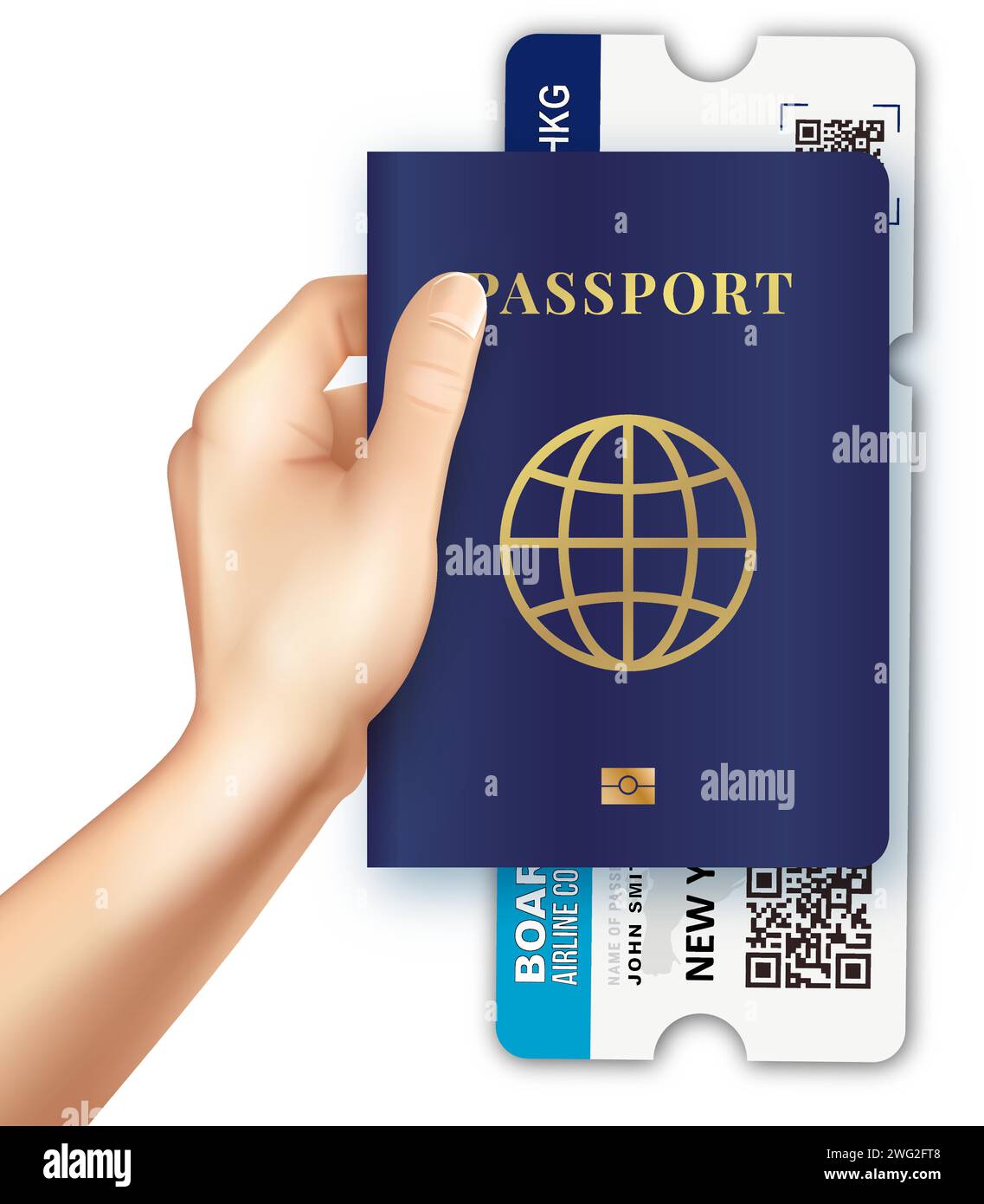 Das Flugticket ist dem Reisepass beigefügt. Vektor mit realistischem internationalen Pass und Tickets im Flugzeug. Stock Vektor