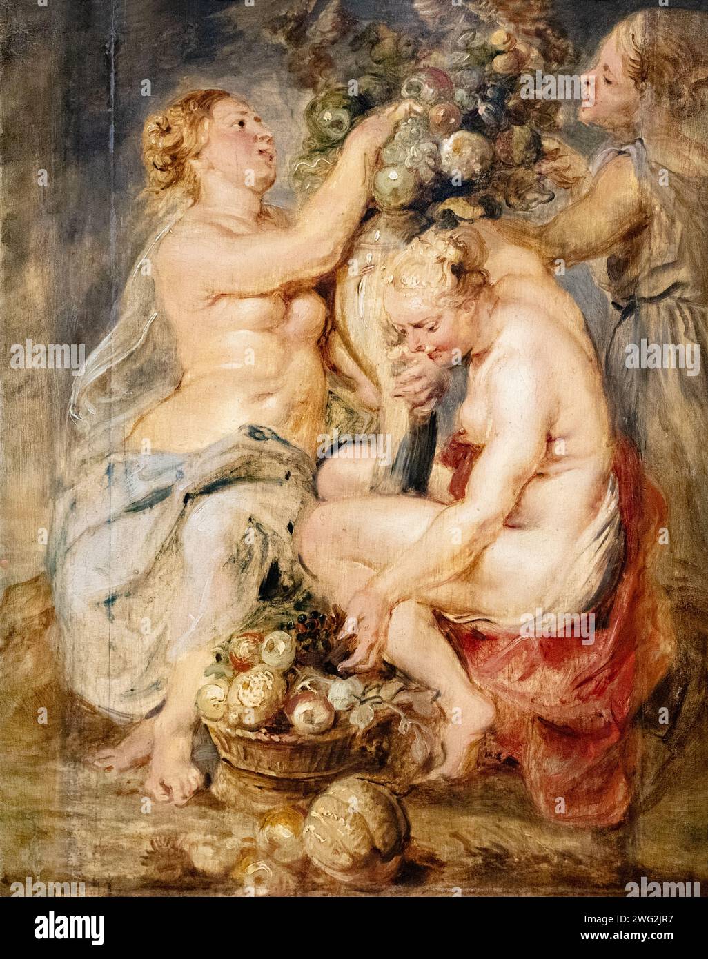 Peter Paul Rubens Gemälde; 'drei Nymphen mit einer Füllung', c1625-8; Öl auf Eichenplatte. Ceres, Göttin des Überflusses, mit einer Fülle von Früchten. Stockfoto