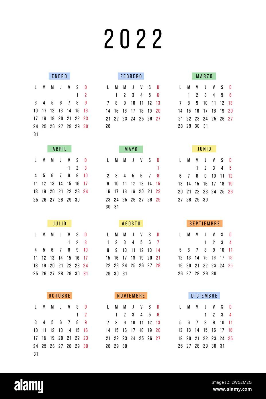 Spanischer Kalender 2022 Jahr. Vektor-Schreibwaren Kalenderwoche beginnt Montag. Jährlicher Organisator. Einfache Kalendervorlage in minimalem Design. Geschäftsbeleuchtung Stock Vektor