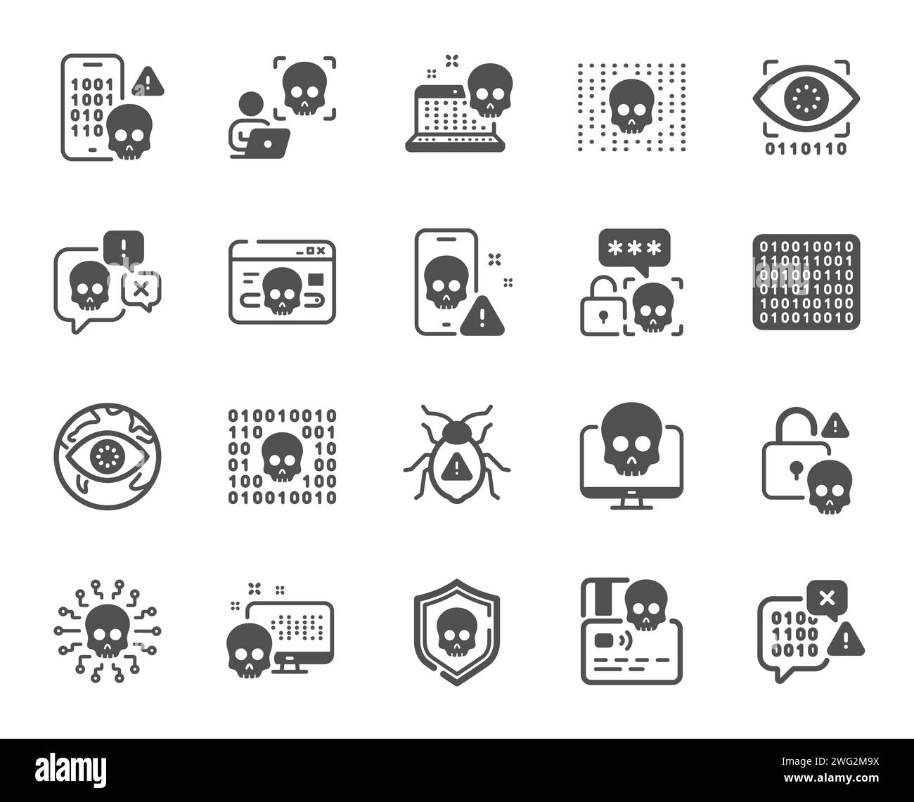 Symbole für Cyber-Angriffe. Einfache Symbole für Phishing-Risiko, Ransomware und Binärcode. Vektor Stock Vektor