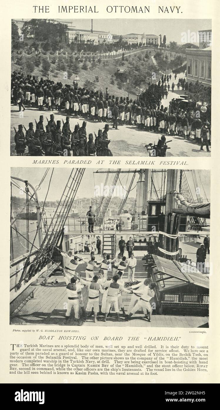 Vintage-Bilder der kaiserlichen osmanischen Marine, Marines, Seeleute auf der Hamidieh, Marinegeschichte der 1890er Jahre, 19. Jahrhundert Stockfoto