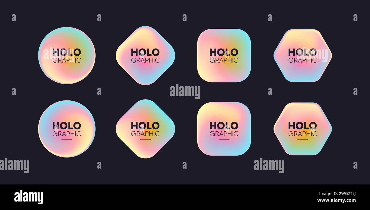 Holografische Aufkleber Banner. Hologramm markiert Formen. Holografische strukturierte Aufkleber für Preisschilder. Vektor Stock Vektor