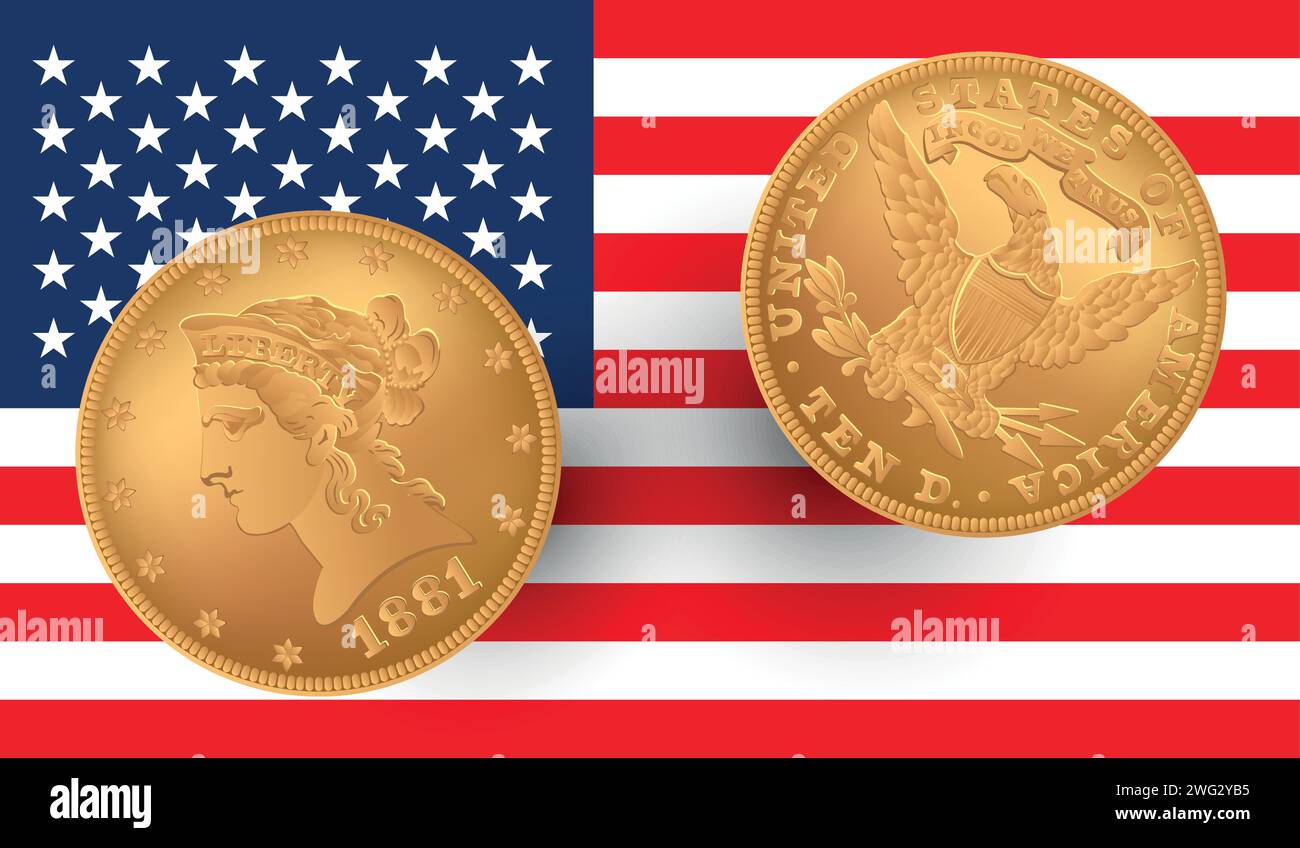 1881 Stück Gold. 1881 Jahre Eagle $10 US-Goldmünzen mit der US-Flagge. Stock Vektor
